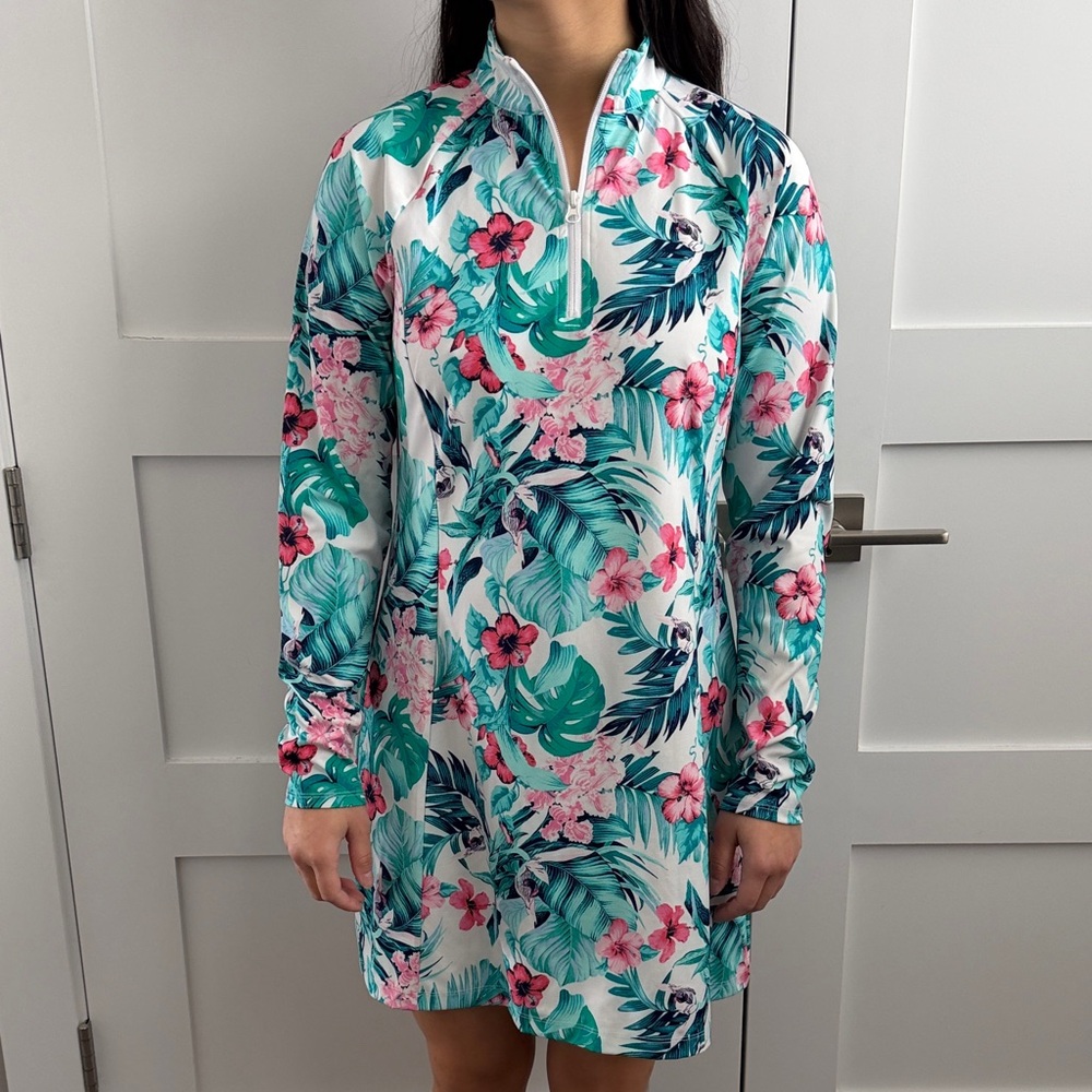 Tommy Bahama Tropical Floral Zip-Front Gold & Tennis Dress Pink & Teal Size M